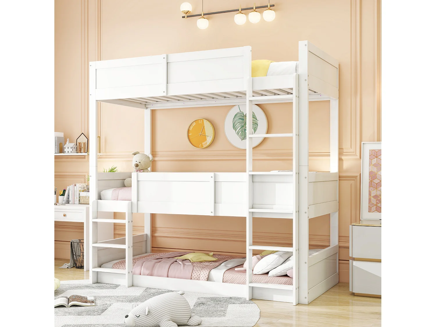 Driepersoons stapelbed 90x200 cm, massief houten lattenbodem, houten frame, uitvoering met hoge spijlen, wit (205x95x191 cm)
