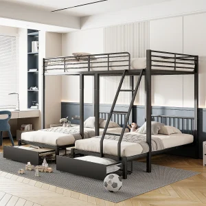 Driedubbel stapelbed met lades, metalen frame, modulair tot een tweepersoonsbed 140×200 en twee eenpersoonsbedden 90×200, multifunctioneel, zwart (246x206x177,8cm) Driedubbel stapelbed met lades, metalen frame, modulair tot een tweepersoonsbed 140×200 en twee eenpersoonsbedden 90×200, multifunctioneel, zwart (246x206x177,8cm)