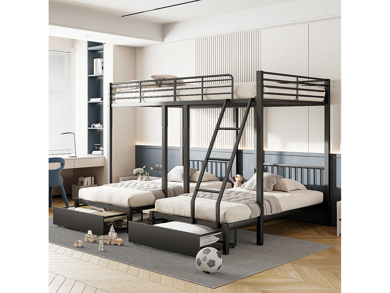 Driedubbel stapelbed met lades, metalen frame, modulair tot een tweepersoonsbed 140x200 en twee eenpersoonsbedden 90x200, multifunctioneel, zwart (246x206x177,8cm)