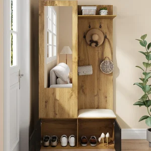 Garderobeset 100×38×191 cm – met kapstok en schoenenkast – haakjes en 1 spiegel – naturel + zwart Garderobeset 100×38×191 cm – met kapstok en schoenenkast – haakjes en 1 spiegel – naturel + zwart