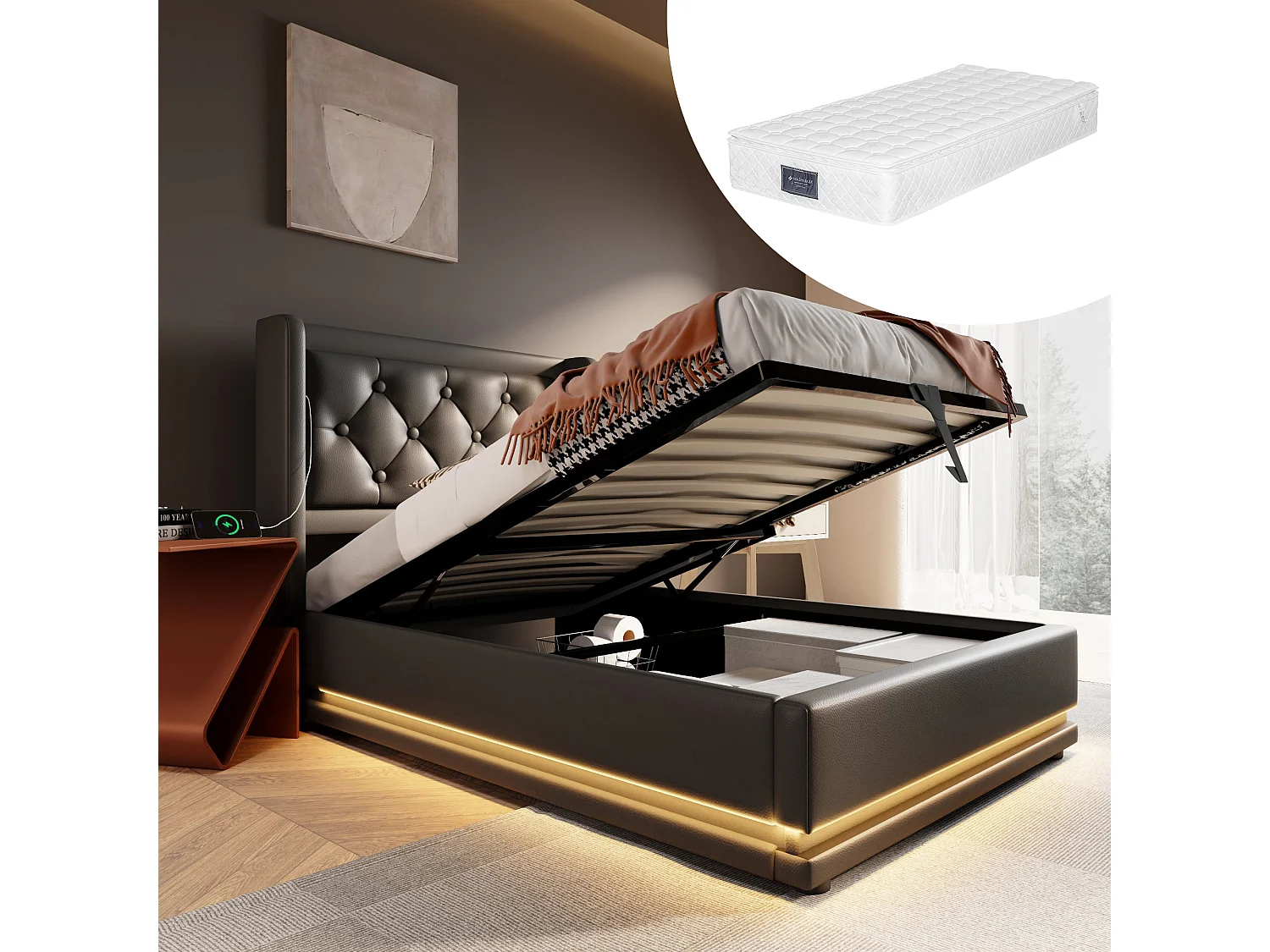 Eenpersoonsbed met 3-zijdige LED, hydraulisch en opbergbaar, hoofdeinde met USB-C, zwart PU, 90x200 cm