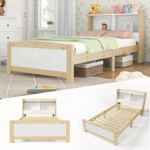 Eenpersoonsbed met opbergruimte aan het hoofdeinde, massief hout, beige en naturel (98x220x95cm) Eenpersoonsbed met opbergruimte aan het hoofdeinde, massief hout, beige en naturel (98x220x95cm)