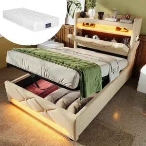 Eenpersoonsbed 90×200 cm met opberghoofdeinde, USB- en Type-C-aansluitingen, 360° Surround LED, hydraulische opbergruimte, beige linnen (225x96x111 cm) Eenpersoonsbed 90×200 cm met opberghoofdeinde, USB- en Type-C-aansluitingen, 360° Surround LED, hydraulische opbergruimte, beige linnen (225x96x111 cm)