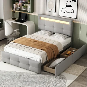 Eenpersoonsbed 90x200cm met LED, 2 lades, linnen bekleding, grijs, stevige constructie (210x99x106cm) Eenpersoonsbed 90x200cm met LED, 2 lades, linnen bekleding, grijs, stevige constructie (210x99x106cm)