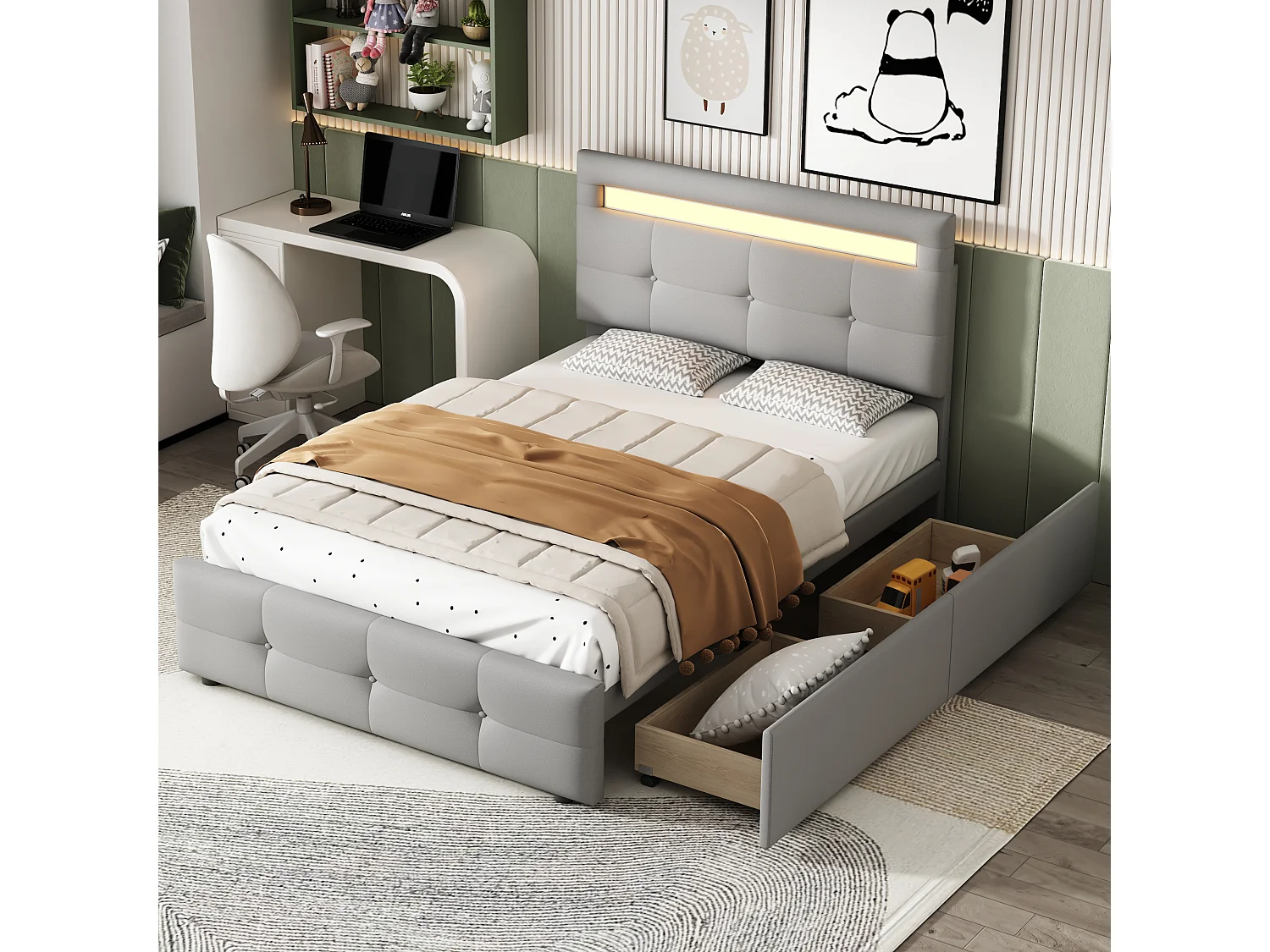 Eenpersoonsbed 90x200cm met LED, 2 lades, linnen bekleding, grijs, stevige constructie (210x99x106cm)