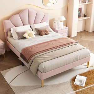 Fluwelen bed 140×190 cm, tweepersoonsbed met verstelbaar hoofdeinde, houten lattenbodem, gouden ijzeren poten, roze Fluwelen bed 140×190 cm, tweepersoonsbed met verstelbaar hoofdeinde, houten lattenbodem, gouden ijzeren poten, roze