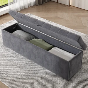 Fluwelen bank met opbergruimte, modern design, met sierstiksel, grijs (138x41x42 cm)
