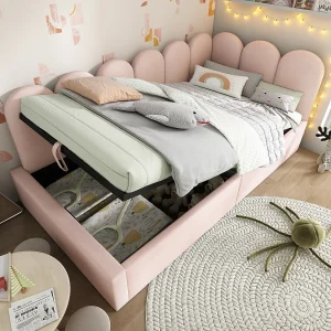 Extra bed met hydraulische opbergruimte, fluweel, roze (200x97x76cm)