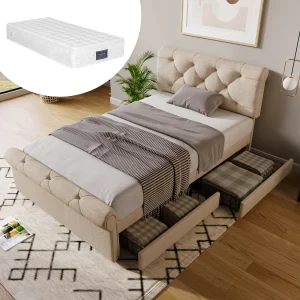 Eenpersoonsbed met verstelbaar hoofdeinde, 2 lades en matras, Chesterfield-design, hout en metaal, naturel (225x98x110 cm) Eenpersoonsbed met verstelbaar hoofdeinde, 2 lades en matras, Chesterfield-design, hout en metaal, naturel (225x98x110 cm)