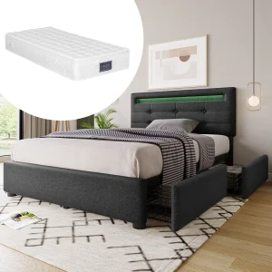Eenpersoonsbed met LED, 2 lades, inclusief matras, houten onderstel, verstelbaar hoofdeinde, grijze linnen bekleding (100,5x208x93,5-103 cm)