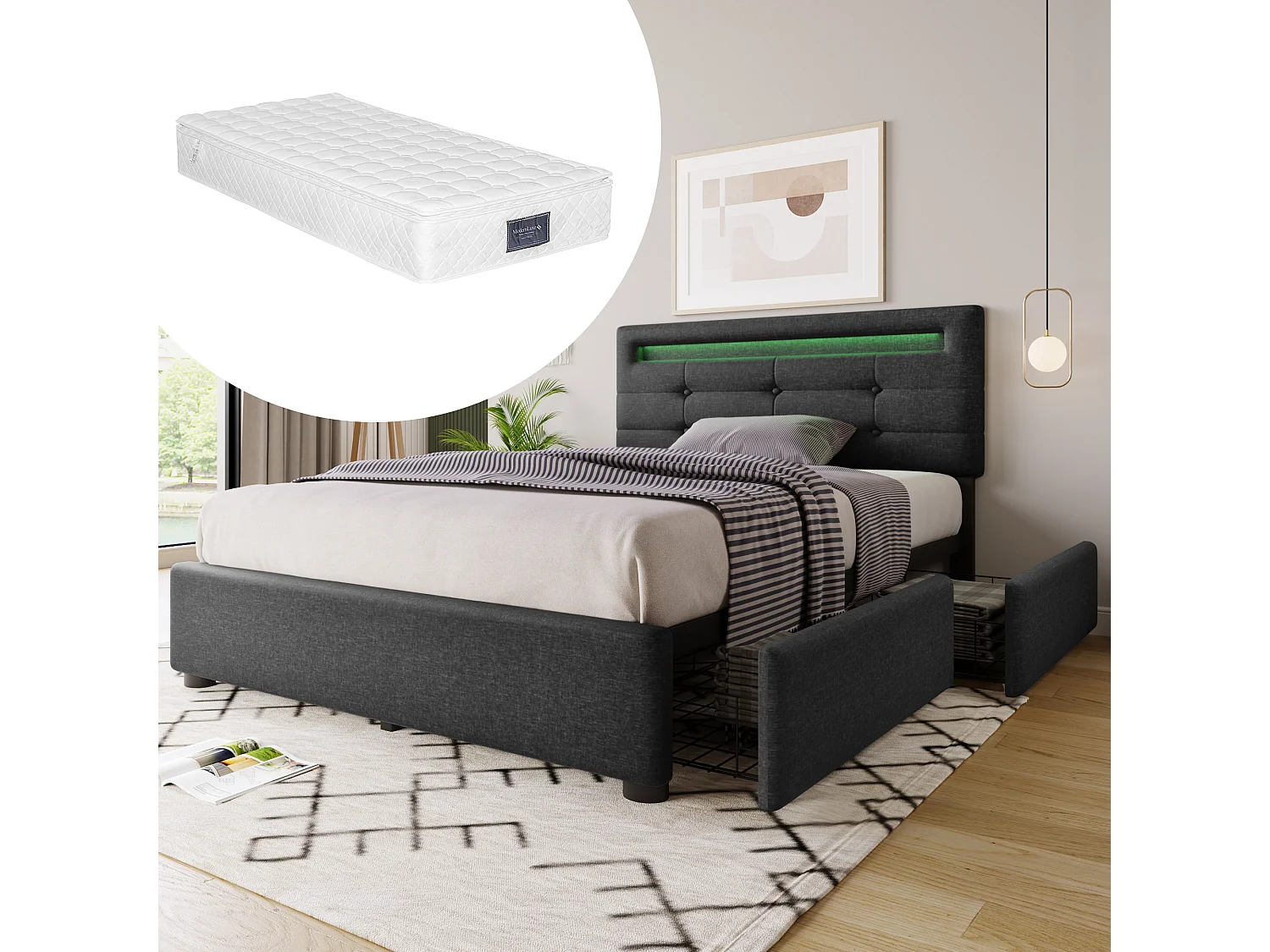 Eenpersoonsbed met LED, 2 lades, inclusief matras, houten onderstel, verstelbaar hoofdeinde, grijze linnen bekleding (100,5x208x93,5-103 cm)