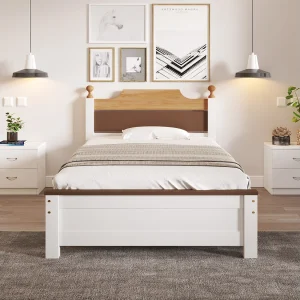 Eenpersoonsbed met grenen frame, MDF hoofdeinde en voeteneinde, kleurblokdesign, wit (90×200 cm) Eenpersoonsbed met grenen frame, MDF hoofdeinde en voeteneinde, kleurblokdesign, wit (90×200 cm)