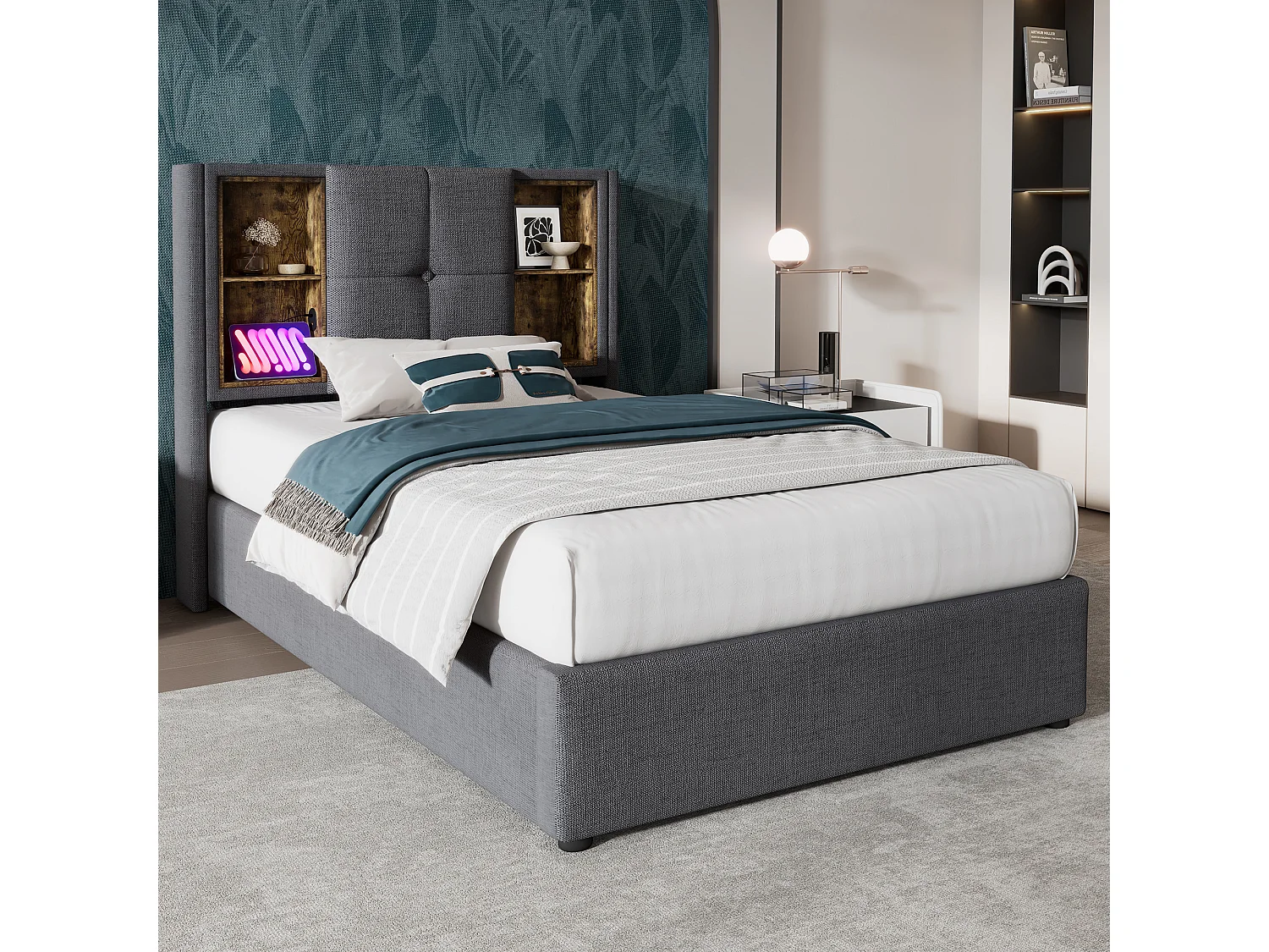 Eenpersoonsbed met draadloze USB-C-oplader, grijs katoenen frame, geïntegreerde opbergruimte, 90x200cm (206x95x100,5cm)
