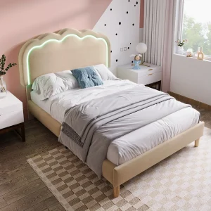 Eenpersoonsbed met LED-verlichting, verstelbaar hoofdeinde, beige linnen, bedframe (101x207x109cm)