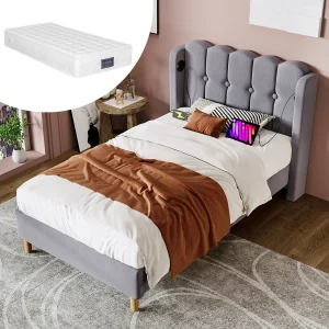 Eenpersoonsbed met USB Type C-oplaadfunctie, grijs linnen frame, houten onderstel, 90x200cm Eenpersoonsbed met USB Type C-oplaadfunctie, grijs linnen frame, houten onderstel, 90x200cm