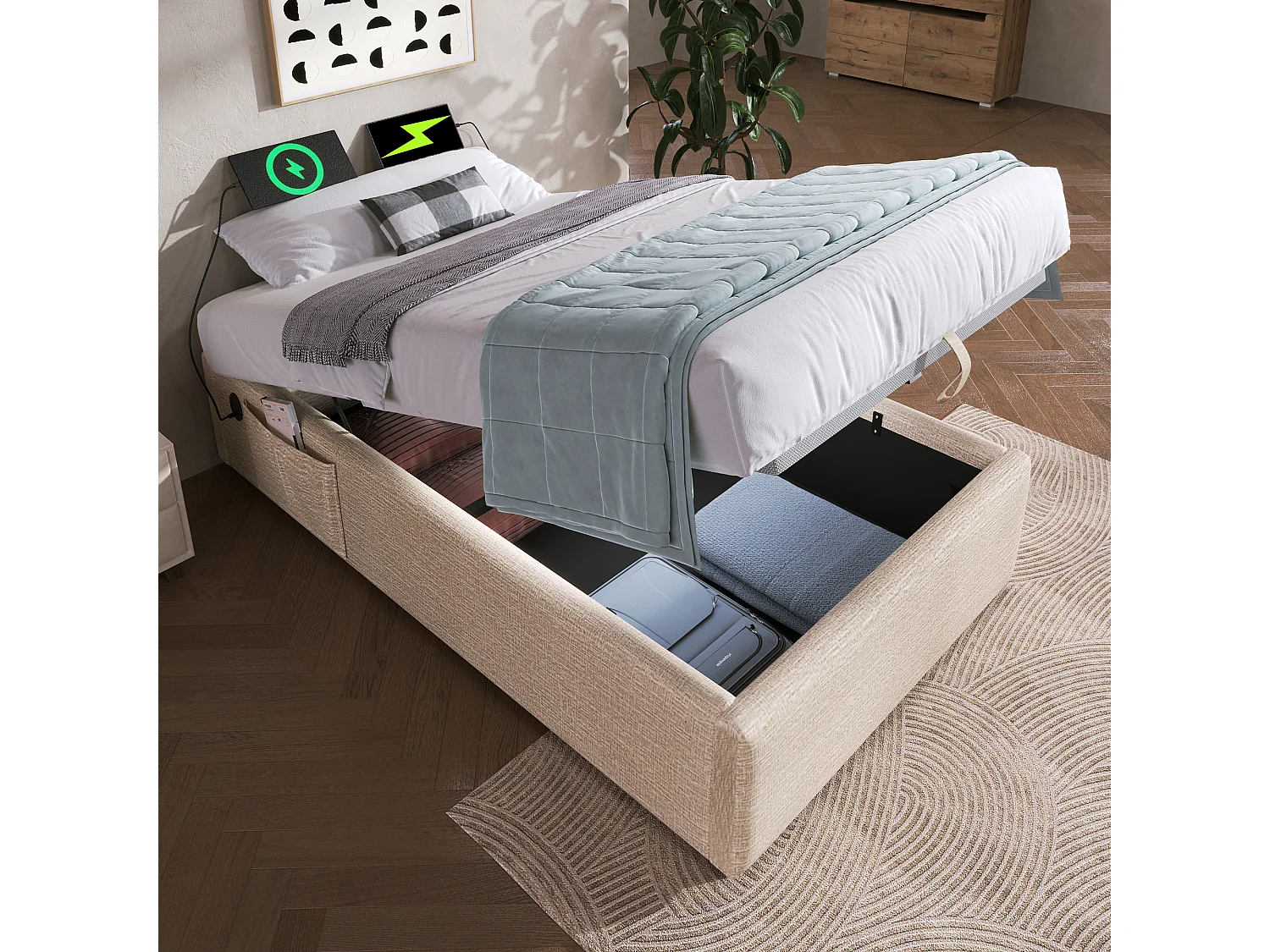 Eenpersoonsbed 90x200 cm, bedframe met hydraulische opbergruimte, geïntegreerde USB en Type-C, natuurlijk linnen, zonder hoofdbord (202x91x29 cm)