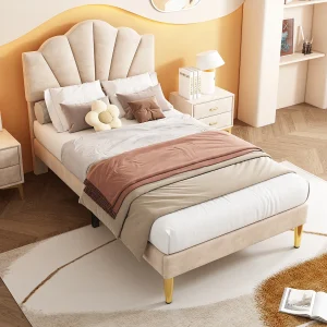 Fluwelen bed 90×200 cm, schelpbed met gouden ijzeren poten, verstelbaar hoofdeinde, houten lattenbodem, beige (95x205x120/130 cm) Fluwelen bed 90×200 cm, schelpbed met gouden ijzeren poten, verstelbaar hoofdeinde, houten lattenbodem, beige (95x205x120/130 cm)
