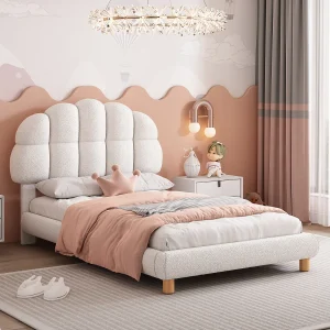 Eenpersoonsbed 90×200 cm, met gestoffeerd hoofdbord, 2 lades en opbergruimte, fluweel, wit (205x98x99 cm) Eenpersoonsbed 90×200 cm, met gestoffeerd hoofdbord, 2 lades en opbergruimte, fluweel, wit (205x98x99 cm)
