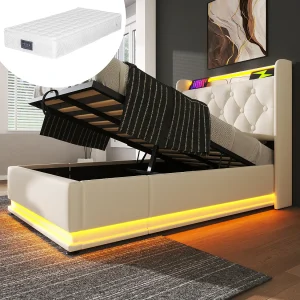 Eenpersoonsbed met 360° LED en USB Type-C oplaadpoort, wit PU hoofdbord, 90×200 cm, met 4 lades en matras inbegrepen Eenpersoonsbed met 360° LED en USB Type-C oplaadpoort, wit PU hoofdbord, 90×200 cm, met 4 lades en matras inbegrepen