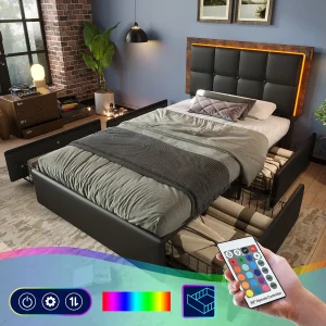 Eenpersoonsbed 90×200 cm met LED, 4 lades en verstelbaar hoofdeinde, zwart PU (207×97,5×92-102 cm) Eenpersoonsbed 90×200 cm met LED, 4 lades en verstelbaar hoofdeinde, zwart PU (207×97,5×92-102 cm)