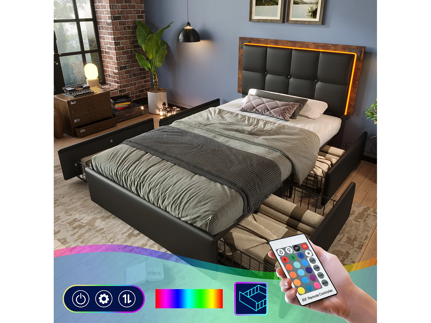 Eenpersoonsbed 90x200 cm met LED, 4 lades en verstelbaar hoofdeinde, zwart PU (207x97,5x92-102 cm)