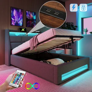 Eenpersoonsbed met LED-verlichting en USB-aansluiting, grijs linnen frame, vintage metalen onderstel (95x210x117cm) Eenpersoonsbed met LED-verlichting en USB-aansluiting, grijs linnen frame, vintage metalen onderstel (95x210x117cm)