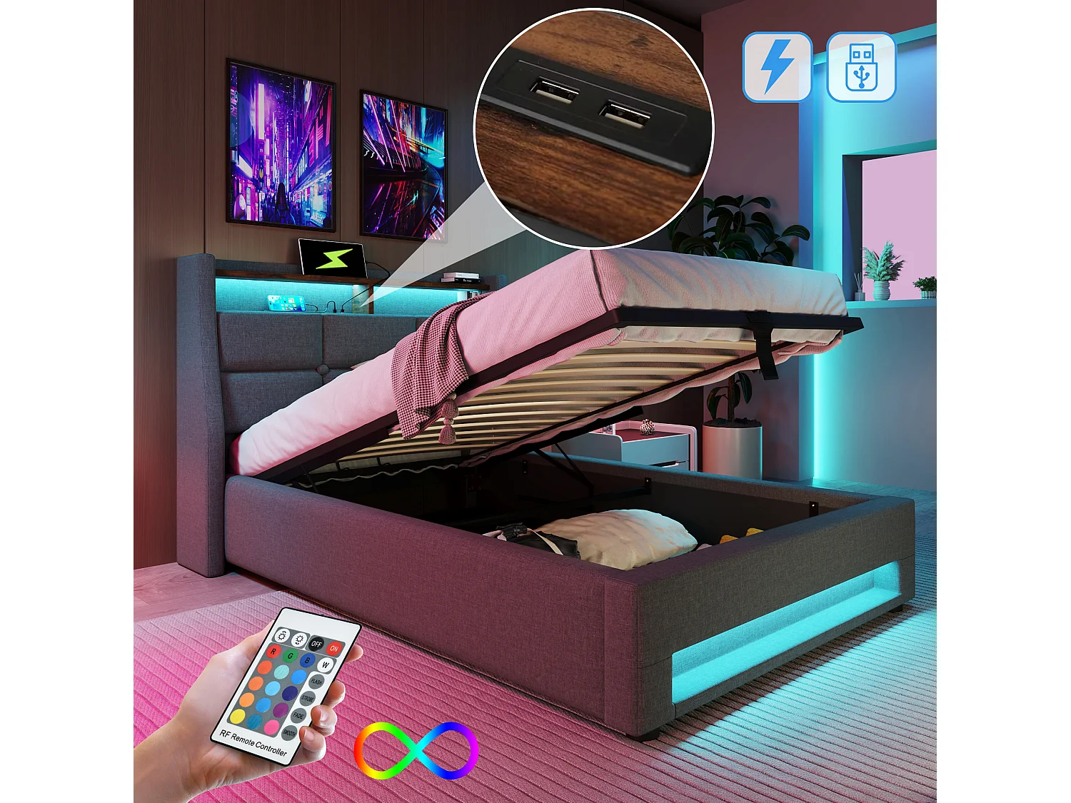 Eenpersoonsbed met LED-verlichting en USB-aansluiting, grijs linnen frame, vintage metalen onderstel (95x210x117cm)