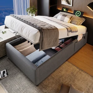 Eenpersoonsbed 90×190 cm, bedframe met hydraulische opbergruimte, geïntegreerde USB en Type-C, grijs katoen, zonder hoofdeinde (192x91x29 cm) Eenpersoonsbed 90×190 cm, bedframe met hydraulische opbergruimte, geïntegreerde USB en Type-C, grijs katoen, zonder hoofdeinde (192x91x29 cm)