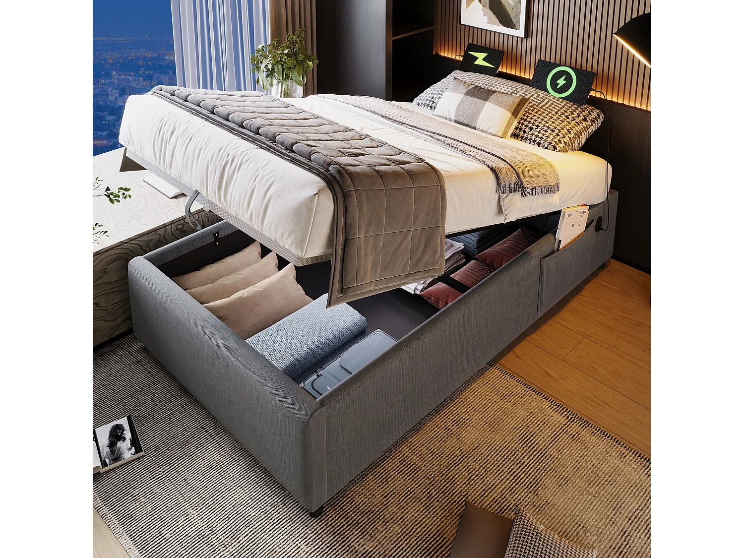 Eenpersoonsbed 90x190 cm, bedframe met hydraulische opbergruimte, geïntegreerde USB en Type-C, grijs katoen, zonder hoofdeinde (192x91x29 cm)