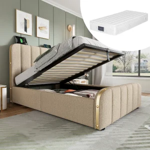 Eenpersoonsbed met opbergruimte, gestoffeerd hoofdbord met gouden strepen en USB-oplaadfunctie, 90×200 cm, beige linnen (216x100x102 cm) Eenpersoonsbed met opbergruimte, gestoffeerd hoofdbord met gouden strepen en USB-oplaadfunctie, 90×200 cm, beige linnen (216x100x102 cm)