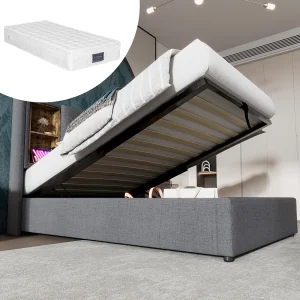 Eenpersoonsbed met draadloze USB-C-oplader, grijs katoenen frame, geïntegreerde opbergruimte, 90x200cm (206x95x100,5cm) Eenpersoonsbed met draadloze USB-C-oplader, grijs katoenen frame, geïntegreerde opbergruimte, 90x200cm (206x95x100,5cm)