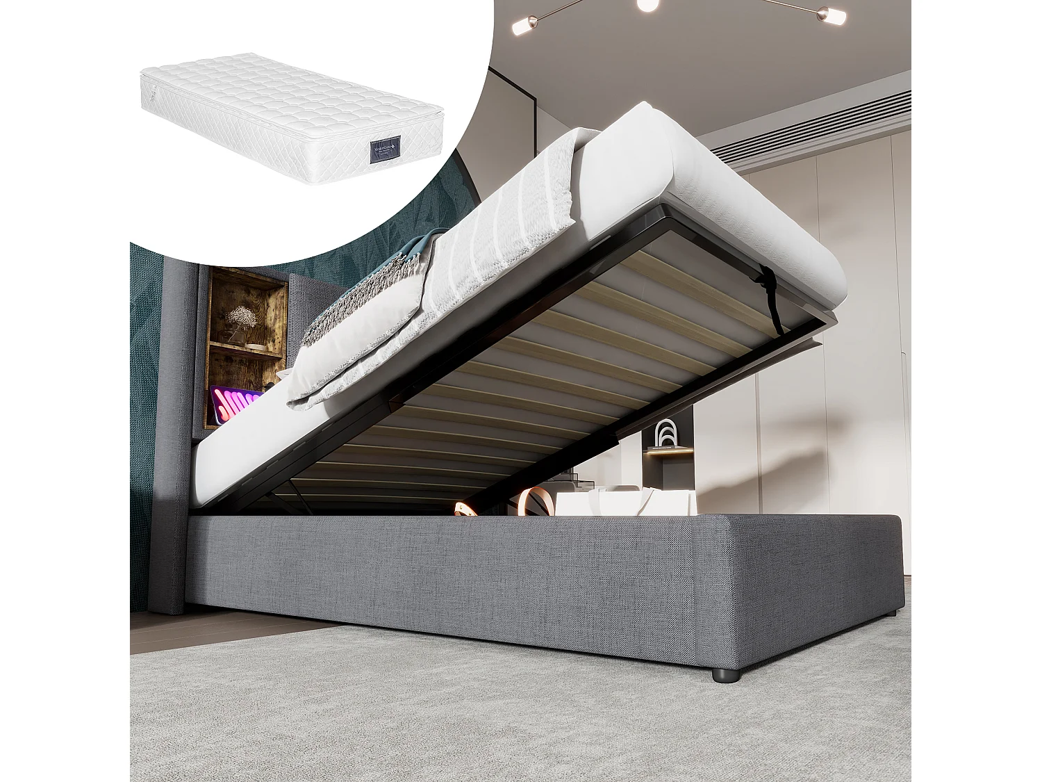 Eenpersoonsbed met draadloze USB-C-oplader, grijs katoenen frame, geïntegreerde opbergruimte, 90x200cm (206x95x100,5cm)