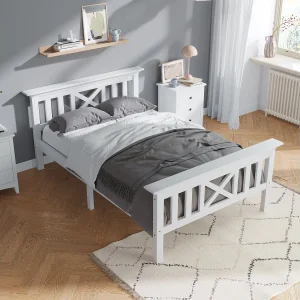 Eenpersoonsbed van massief hout met lattenbodem en hoofdbord, wit grenen (90x200x82 cm) Eenpersoonsbed van massief hout met lattenbodem en hoofdbord, wit grenen (90x200x82 cm)