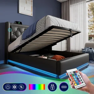 Eenpersoonsbed 90200 cm, zwart PU, bed met hydraulische opbergruimte, hoofdeinde met USB-aansluitingen, 3-zijdige LED-verlichting (210x100x101 cm) Eenpersoonsbed 90200 cm, zwart PU, bed met hydraulische opbergruimte, hoofdeinde met USB-aansluitingen, 3-zijdige LED-verlichting (210x100x101 cm)