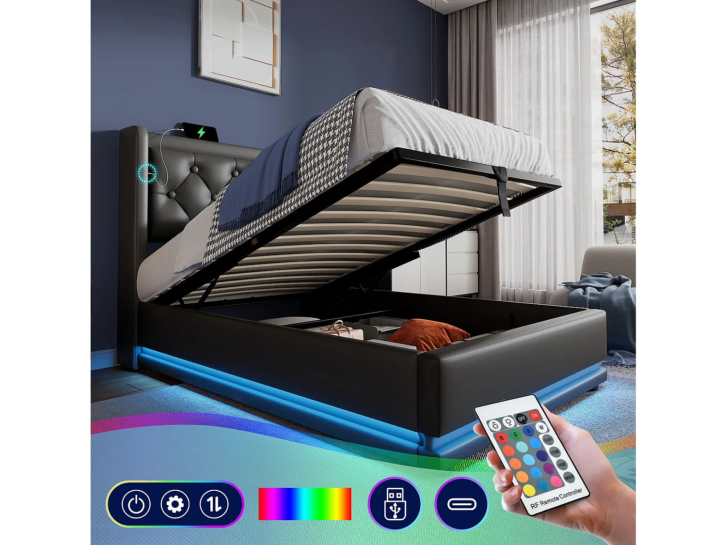 Eenpersoonsbed 90200 cm, zwart PU, bed met hydraulische opbergruimte, hoofdeinde met USB-aansluitingen, 3-zijdige LED-verlichting (210x100x101 cm)