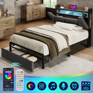 Eenpersoonsbed met USB Type-C, opbergruimte hoofdeinde, LED, linnen, grijs (91x217x110cm) Eenpersoonsbed met USB Type-C, opbergruimte hoofdeinde, LED, linnen, grijs (91x217x110cm)