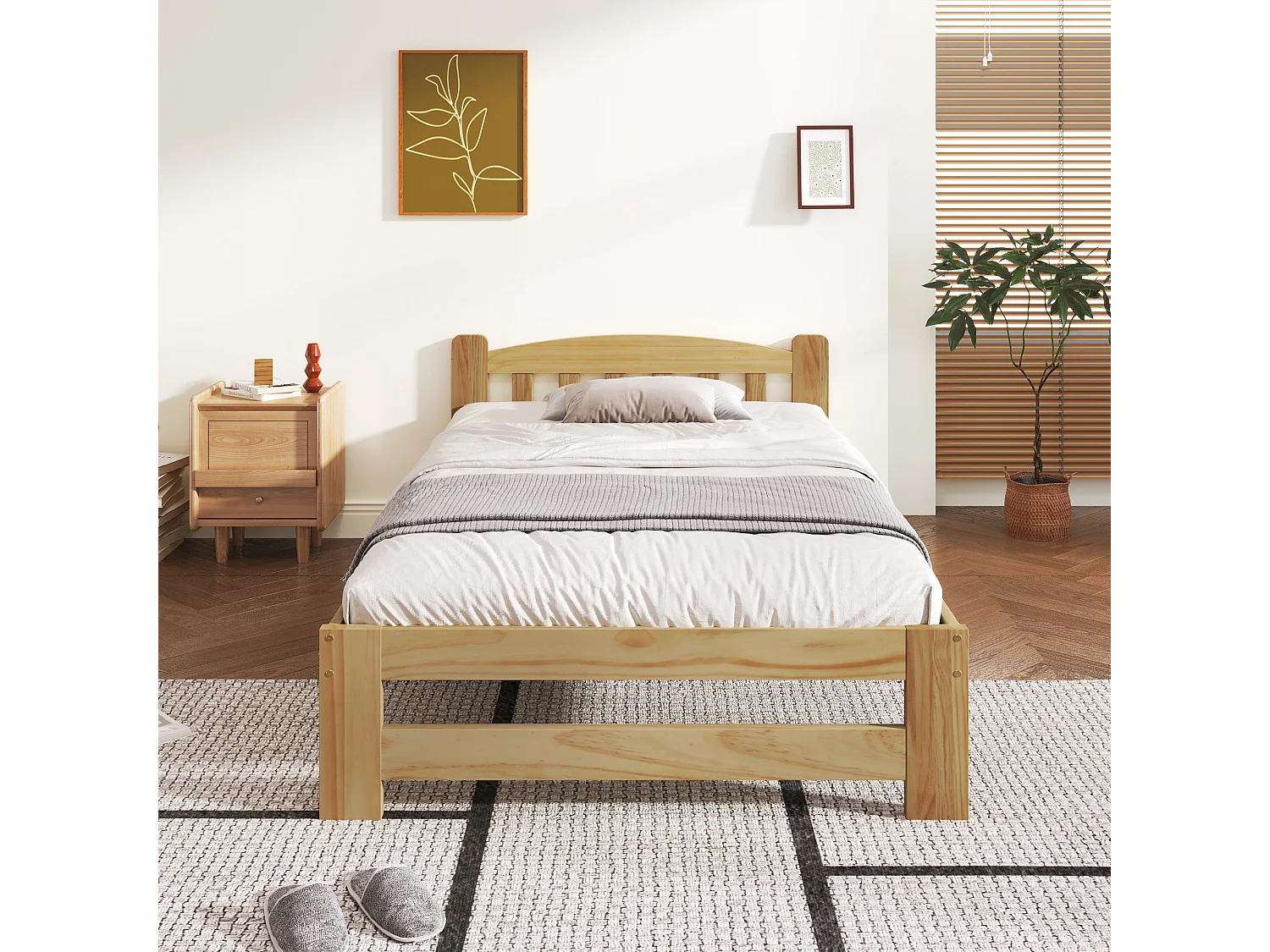 Eenpersoonsbed van massief hout, futonframe met hoofdeinde en lattenbodem, voor volwassenen en kinderen, 90x200 cm