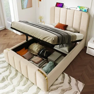 Eenpersoonsbed met gestoffeerd hoofdbord, gouden strepen en USB-oplaadfunctie, 90×200 cm, beige linnen (216x100x102 cm) Eenpersoonsbed met gestoffeerd hoofdbord, gouden strepen en USB-oplaadfunctie, 90×200 cm, beige linnen (216x100x102 cm)