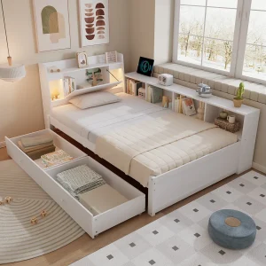 Eenpersoonsbed met hoofdeinde met opbergruimte, 2 lampen, oplaadpunt, zijkastjes en lades, grenen + spaanplaat + MDF, wit (220,5x113x80 cm) Eenpersoonsbed met hoofdeinde met opbergruimte, 2 lampen, oplaadpunt, zijkastjes en lades, grenen + spaanplaat + MDF, wit (220,5x113x80 cm)