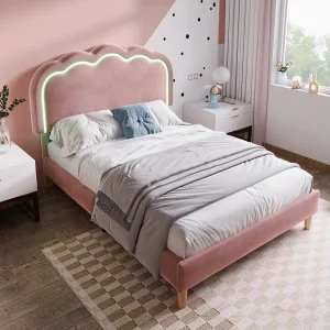 Eenpersoonsbed met LED-verlichting, verstelbaar hoofdeinde, roze fluweel, bedframe voor de slaapkamer (101x207x109cm)