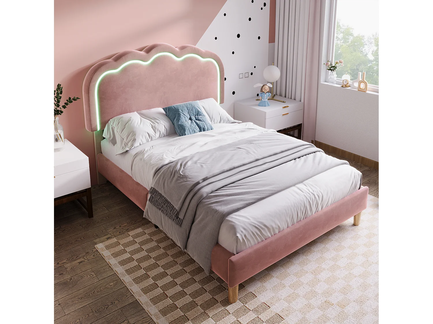 Eenpersoonsbed met LED-verlichting, verstelbaar hoofdeinde, roze fluweel, bedframe voor de slaapkamer (101x207x109cm)