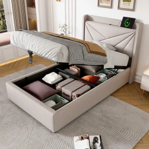 Eenpersoonsbed met opbergruimte, USB Type C hoofdbord, beige linnen structuur (96x208x107cm) Eenpersoonsbed met opbergruimte, USB Type C hoofdbord, beige linnen structuur (96x208x107cm)