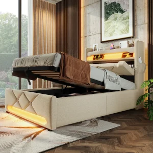 Eenpersoonsbed 90×200 cm, hoofdbord met USB- en type C-opbergruimte, 360° LED-verlichting rondom het bed, hydraulische opbergruimte, grijs, linnen (225x96x111 cm) Eenpersoonsbed 90×200 cm, hoofdbord met USB- en type C-opbergruimte, 360° LED-verlichting rondom het bed, hydraulische opbergruimte, grijs, linnen (225x96x111 cm)