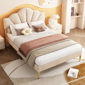 Fluwelen bed 140×190 cm, tweepersoonsbed met verstelbaar hoofdeinde, gouden ijzeren poten, houten lattenbodem, beige Fluwelen bed 140×190 cm, tweepersoonsbed met verstelbaar hoofdeinde, gouden ijzeren poten, houten lattenbodem, beige