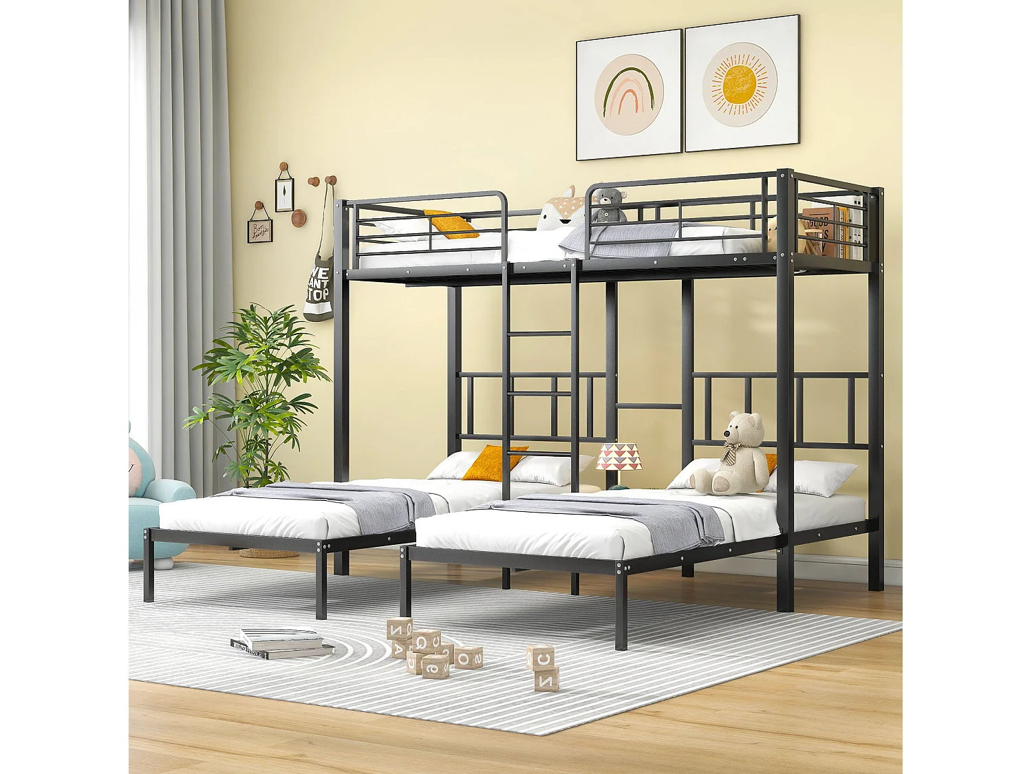 Drievoudig stapelbed, met ladder, tafel en uitvalbeveiliging, metaal, zwart, 90x200cm3