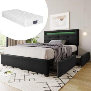 Eenpersoonsbed met LED, 2 lades, inclusief matras, houten onderstel, verstelbaar hoofdeinde, zwarte linnen bekleding (100,5x208x93,5-103 cm)