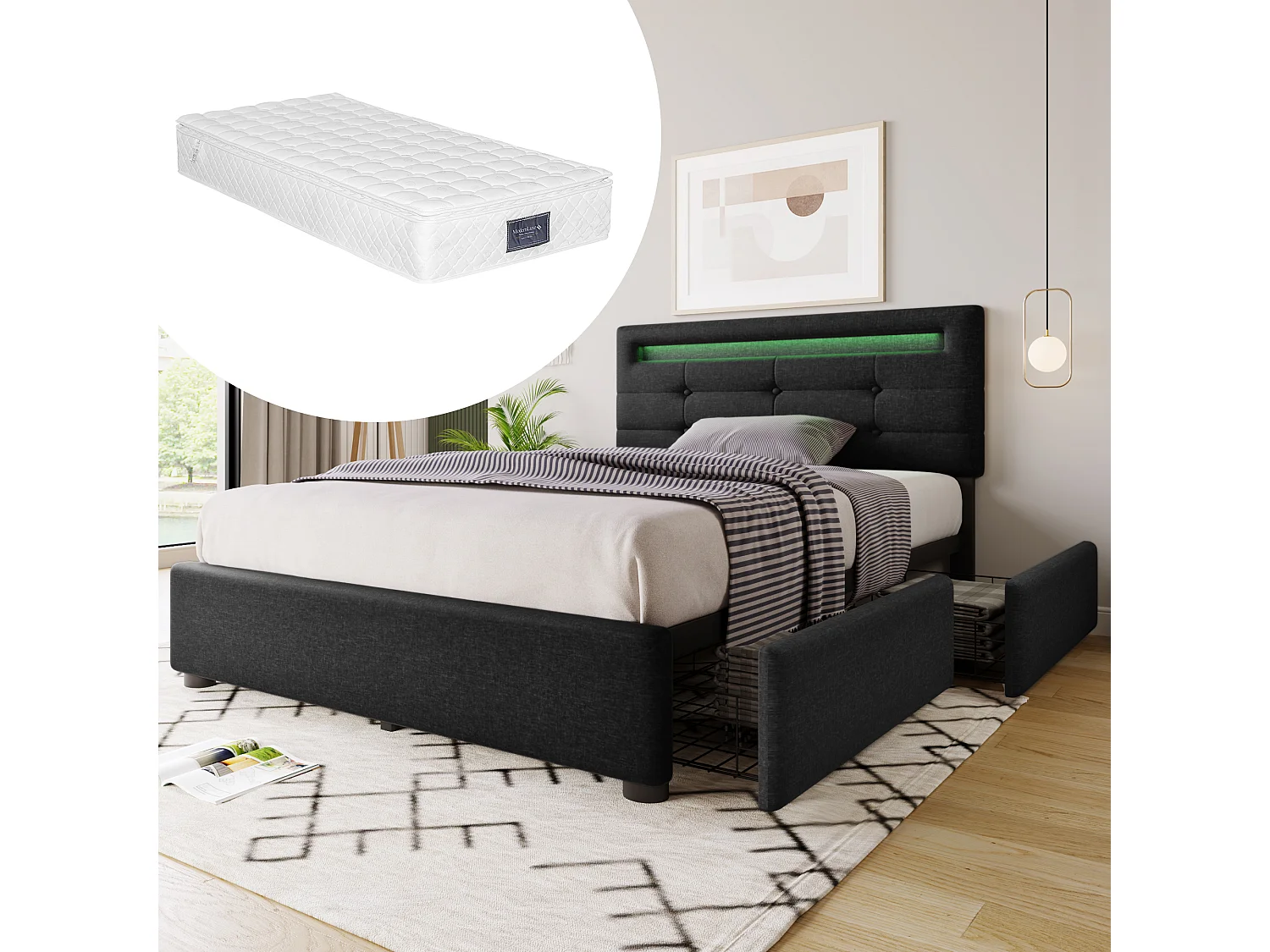 Eenpersoonsbed met LED, 2 lades, inclusief matras, houten onderstel, verstelbaar hoofdeinde, zwarte linnen bekleding (100,5x208x93,5-103 cm)