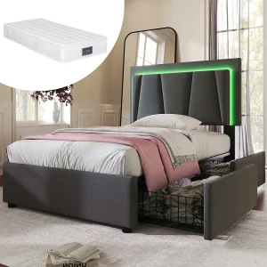 Eenpersoonsbed met ledverlichting, 2 lades, verstelbaar hoofdeinde, grijs linnen (99x207x102-112 cm)