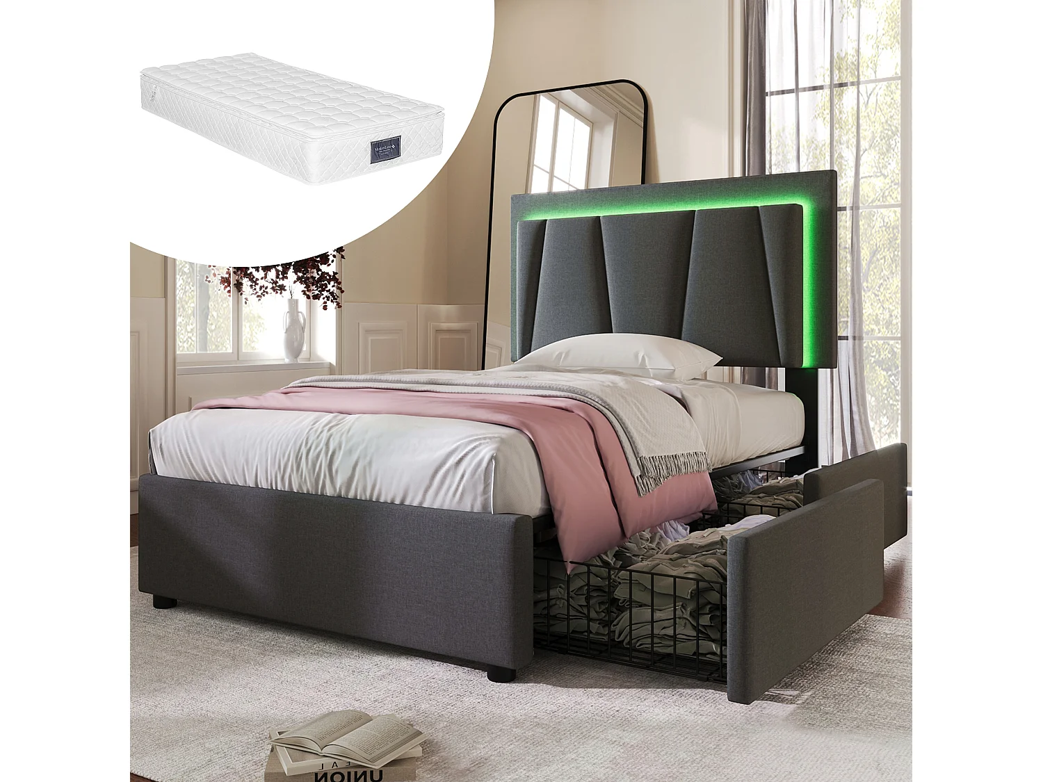 Eenpersoonsbed met ledverlichting, 2 lades, verstelbaar hoofdeinde, grijs linnen (99x207x102-112 cm)