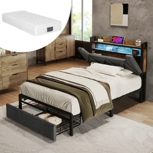 Eenpersoonsbed met USB Type-C, LED, hoofdeinde met opbergruimte, linnen, grijs (91x217x110cm) Eenpersoonsbed met USB Type-C, LED, hoofdeinde met opbergruimte, linnen, grijs (91x217x110cm)
